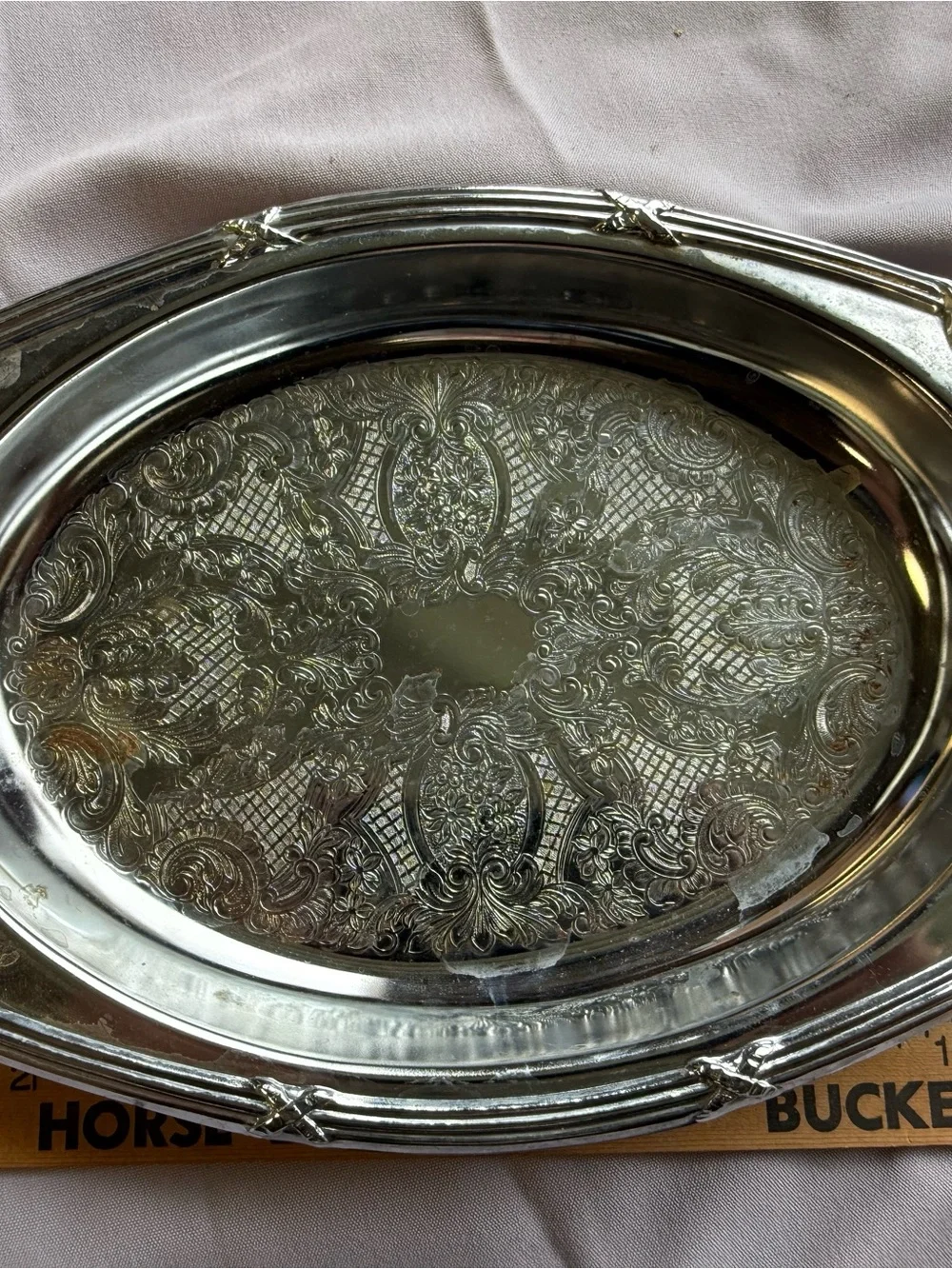 Silver-Tone Decorative Oval Serving Tray